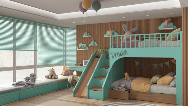 Modern Ahşap Yatak Odası Turkuaz Pastel Tonlarda Ranza Parke Zemin — Stok fotoğraf