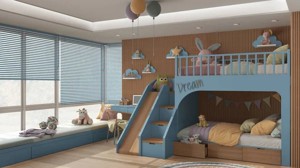 Modern Wooden Children Bedroom Bunk Bed Blue Pastel Tones Parquet — Stock Photo, Image