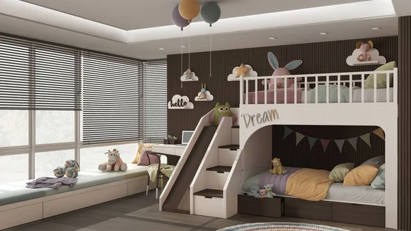 Modern ahşap yatak odası, ranza tonları ve pastel renkler, parke zemin, kanepe, merdiven ve kaydırak, sandalye, halı, oyuncaklar, dekorlu masa. İç tasarım