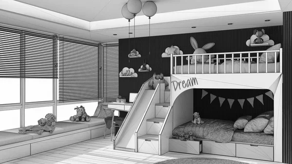 Tamamlanmamış proje taslağı, ranzalı modern ahşap yatak odası, parke zemin, kanepeli büyük pencere, merdiven ve kaydırak, sandalyeli masa, halı, oyuncaklar, dekorlar. İç tasarım