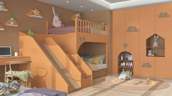 Modern ahşap çocuk yatak odası turuncu ve pastel tonlarda, merdiven ve kaydırak döşemeli ranza, parke zemin, sandalye ve dizüstü bilgisayarlı masa, yuvarlak halı, oyuncaklar ve dekorlar. İç tasarım
