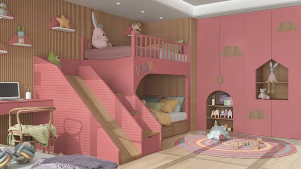 Modern Ahşap Çocuk Yatak Odası Kırmızı Pastel Tonlarda Merdivenli Kaydırmalı — Stok fotoğraf