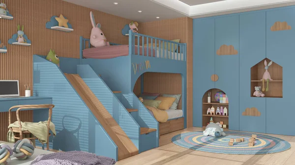 Modern ahşap çocuk yatak odası mavi ve pastel tonlarda, merdivenli ve kaydırmalı ranza, parke zemin, sandalye ve dizüstü bilgisayarlı masa, yuvarlak halı, oyuncaklar ve dekorlar. İç tasarım
