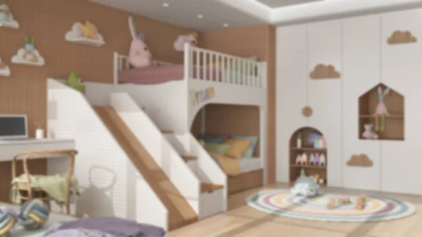 Blur Background Modern Wooden Children Bedroom Pastel Tones Bunk Bed — Stockfoto