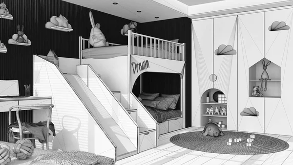 Tamamlanmamış proje taslağı, modern ahşap çocuk odası merdivenli ve kaydıraklı ranza, parke zemin, sandalye ve dizüstü bilgisayarlı masa, yuvarlak halı, oyuncaklar ve dekorlar. İç tasarım