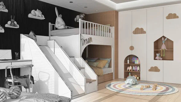 Mimari iç mimar konsepti: tamamlanmamış el yapımı taslak proje, çocuk odası, merdiven ve kaydırak ile ranza, parke zemin, sandalyeli masa