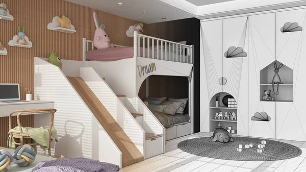Mimari iç mimar konsepti: tamamlanmamış el yapımı taslak proje, çocuk odası, merdiven ve kaydırak ile ranza, parke zemin, sandalyeli masa