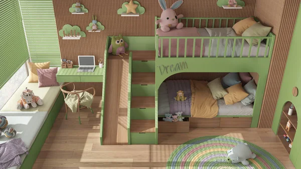Modern ahşap yatak odası yeşil ranzalı ve pastel tonlu, parke, kanepeli pencere, sandalyeli masa, gardırop, halı, oyuncaklar ve dekorlu. Üst görünüm, yukarıda, iç tasarım