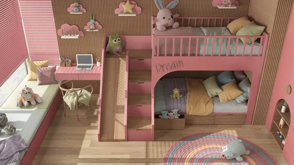 Modern Wooden Children Bedroom Bunk Bed Red Pastel Tones Parquet — ストック写真