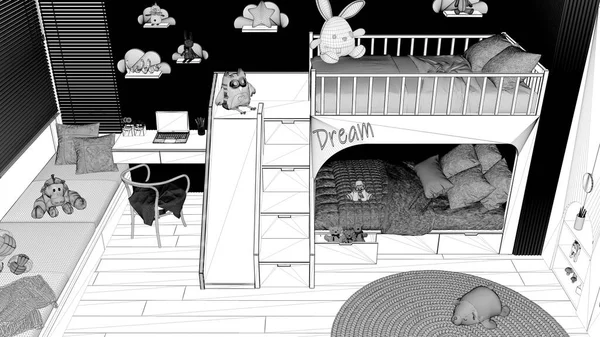 蓝图项目草案 现代木制儿童卧铺床卧室 沙发窗户 书桌椅子 玩具和装饰 顶部视图 室内设计 — 图库照片