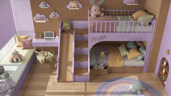 Μοντέρνο Ξύλινο Παιδικό Υπνοδωμάτιο Κουκέτα Μωβ Και Παστέλ Αποχρώσεις Παρκέ — Φωτογραφία Αρχείου
