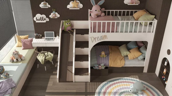 Modern Wooden Children Bedroom Bunk Bed Dark Pastel Tones Parquet — Fotografia de Stock