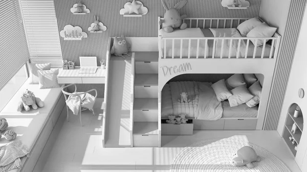 Tamamen beyaz proje taslağı, ranzalı, parke, kanepeli pencere, masa ve sandalye, gardırop, halı, oyuncaklar ve dekorlu modern ahşap çocuk odası. Üst görünüm, yukarıda, iç tasarım