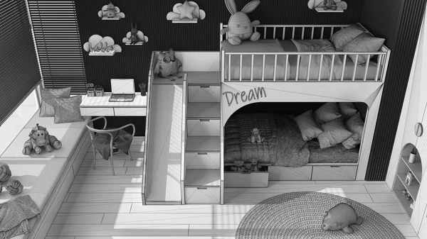 Tamamlanmamış proje taslağı, ranzalı, parke, kanepeli pencere, masa ve sandalye, gardırop, halı, oyuncak ve dekorlu modern ahşap çocuk odası. Üst görünüm, yukarıda, iç tasarım