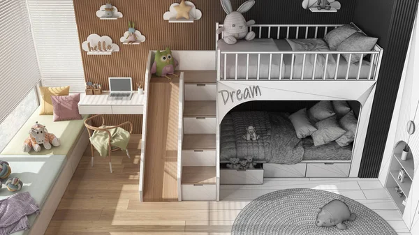 Mimar Mimar Konsepti Elle Çizilmiş Tamamlanmamış Proje Ranzalı Yatak Odası — Stok fotoğraf