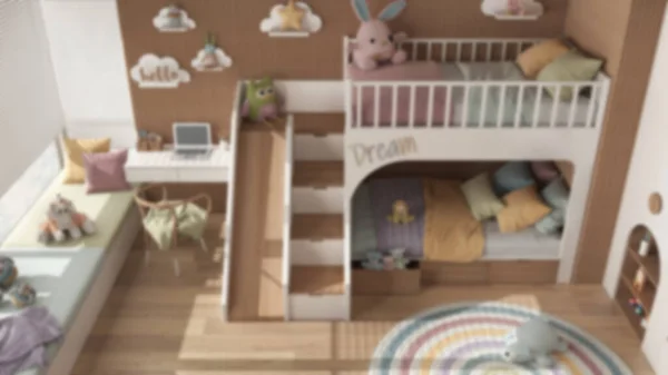Arka Plan Bulanık Modern Ahşap Çocuk Odası Pastel Tonlarda Ranza — Stok fotoğraf