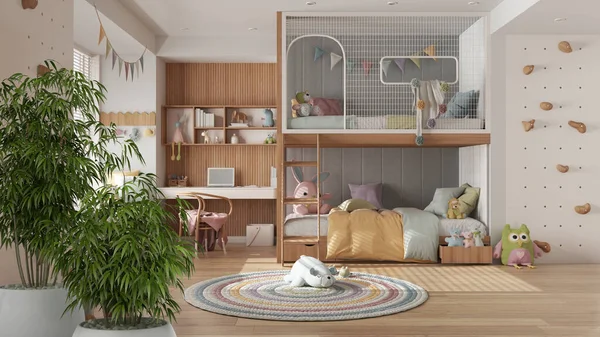 Zen iç döşeme, saksı bambu bitkisi, doğal iç tasarım konsepti, pastel tonlarda modern çocuk odası, meşe parke döşeme, ranza, masa ve pencere, iç dizayn fikri