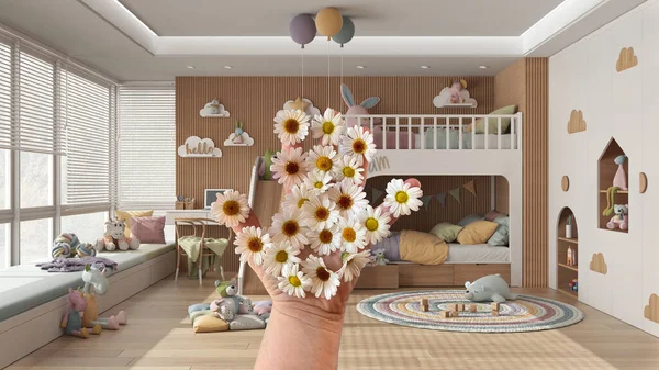 Woman Hand Holding Daisies Spring Flowers Idea Modern White Wooden — Fotografia de Stock