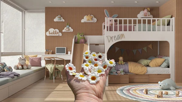 Mano Mujer Sostiene Margaritas Idea Primavera Flores Sobre Dormitorio Moderno —  Fotos de Stock
