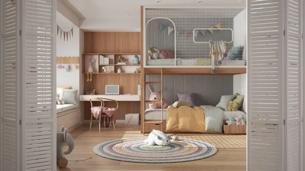 Beyaz katlanır kapı modern ahşap çocuk yatak odasında ranzalı ve masalı sandalye, pencere, oyuncaklar ve kuklalar, parke, iç tasarım, mimar tasarım fikri