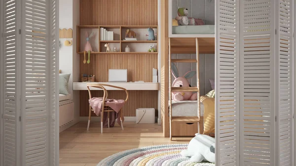 现代木制儿童卧室的白色折叠门敞开 有双层床和书桌 有椅子 玩具和木偶 室内设计 设计师理念 — 图库照片