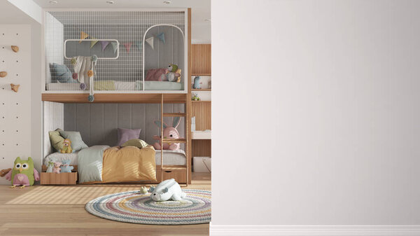 Modern white and wooden children bedroom with bunk bed, parquet, toys and puppets on a foreground wall, interior design architecture idea, concept with copy space, blank background