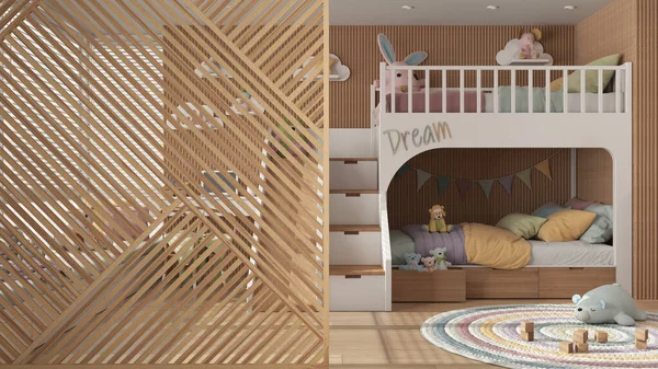 Wooden Panel Close Modern Children Bedroom Bunk Bed Desk Chair — Stockfoto