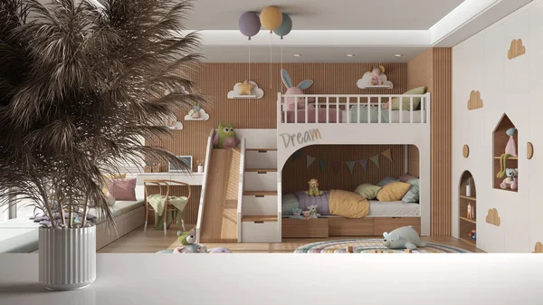 Beyaz masa üstünde ya da rafta pipetler, kuru bitkiler, süs, kulaklar, çarşaf, vazo dalları, modern çocukların üzerinde ranza ve masa ile beyaz yatak odası, modern minimal iç tasarım