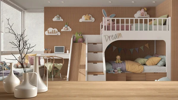 Yatak odası, yastıklar, oyuncaklar ve kuklalar, parke döşeme, en az mimari tasarımı olan bulanık çocukların yatak odası üzerine minimalist modern vazolarla ahşap masa veya raf.