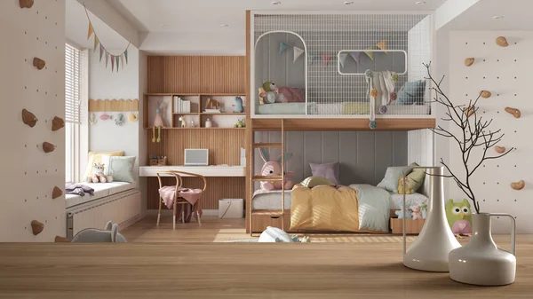 Yatak odası, yastıklar, oyuncaklar ve kuklalar, parke döşeme, en az mimari tasarımı olan bulanık çocukların yatak odası üzerine minimalist modern vazolarla ahşap masa veya raf.