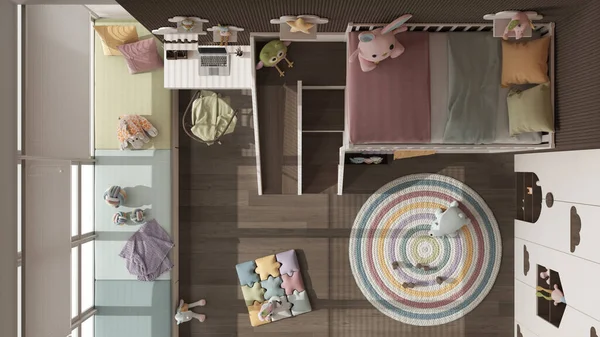 现代木制儿童卧室 双层床为深色和柔和色调 窗户与沙发 玩具和装饰 室内设计理念 — 图库照片