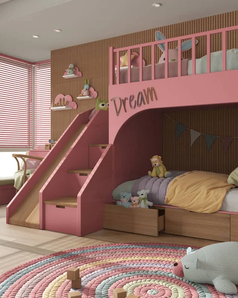 舒适的木制儿童卧室 双层床为红色和柔和色调 羽绒被和枕头 窗户为威尼斯百叶窗 书桌为椅子 玩具和装饰 室内设计 — 图库照片