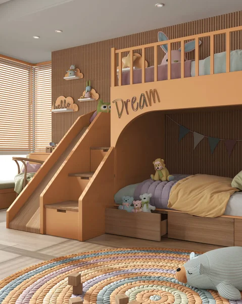 Cozy Wooden Children Bedroom Bunk Bed Orange Pastel Tones Duvet — 스톡 사진