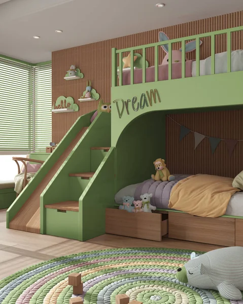 Cozy Wooden Children Bedroom Bunk Bed Green Pastel Tones Duvet — Zdjęcie stockowe