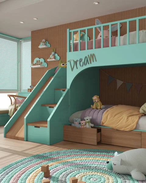 Cozy Wooden Children Bedroom Bunk Bed Turquoise Pastel Tones Duvet — Stock Photo, Image