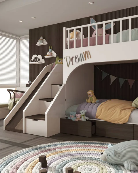 Cozy Wooden Children Bedroom Bunk Bed Dark Pastel Tones Duvet — Stock Photo, Image