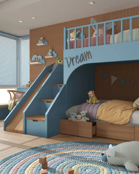 Cozy Wooden Children Bedroom Bunk Bed Blue Pastel Tones Duvet — Zdjęcie stockowe