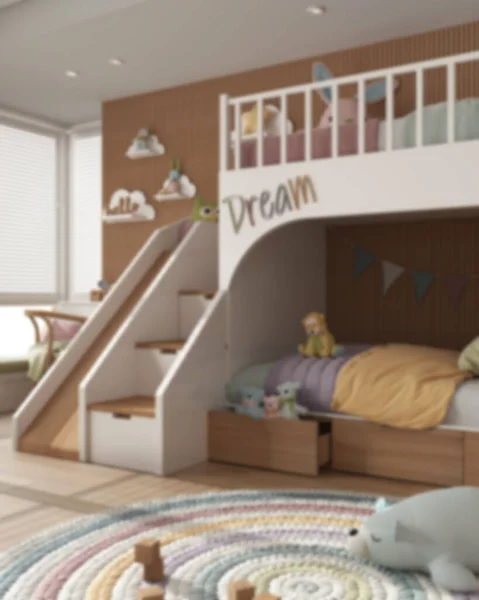 Fondo Desenfoque Acogedor Dormitorio Para Niños Madera Con Litera Edredón —  Fotos de Stock