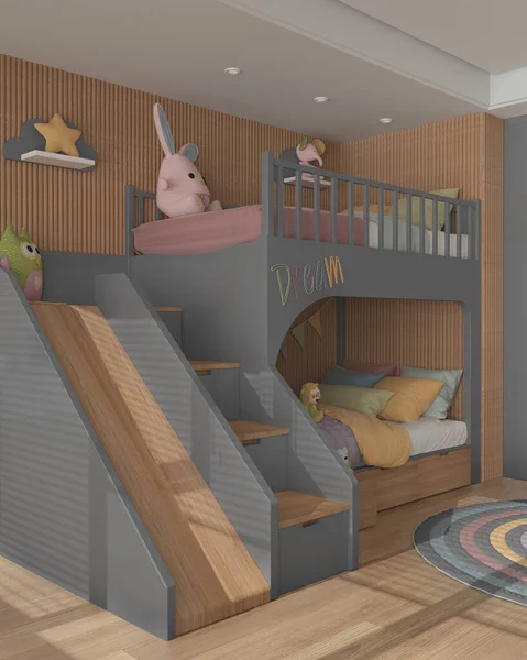 Modern Wooden Children Bedroom Gray Pastel Tones Bunk Bed Ladder — Fotografia de Stock