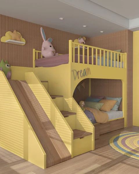 Modern Wooden Children Bedroom Yellow Pastel Tones Bunk Bed Ladder — Fotografia de Stock