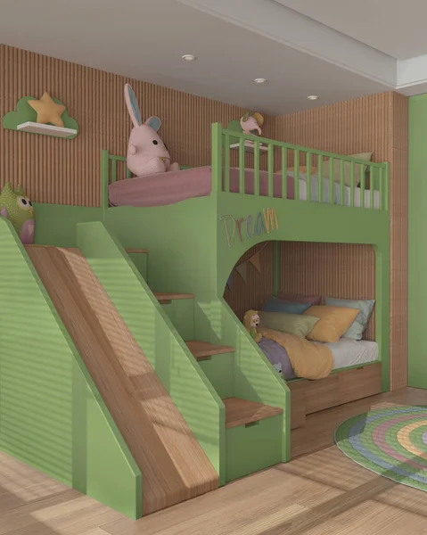 Modern Wooden Children Bedroom Green Pastel Tones Bunk Bed Ladder — Fotografia de Stock
