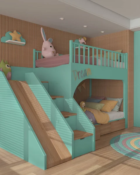 Modern Wooden Children Bedroom Turquoise Pastel Tones Bunk Bed Ladder — Fotografia de Stock