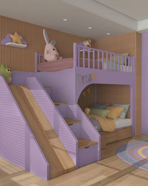 Modern Wooden Children Bedroom Purple Pastel Tones Bunk Bed Ladder — Fotografia de Stock