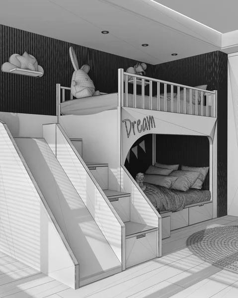 Tamamlanmamış proje taslağı, modern ahşap çocuk odası merdiveni ve kaydırağıyla ranza, yastıklar ve yorgan, parke döşeme, oyuncak ve dekorlu yuvarlak halı. İç tasarım kavramı