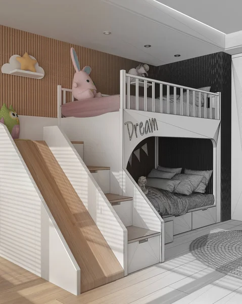 Mimari iç mimar konsepti: tamamlanmamış el yapımı taslak proje, çocuk odası, ranza, parke döşeme, oyuncak ve dekorlu yuvarlak halı