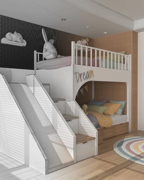 Mimari iç mimar konsepti: tamamlanmamış el yapımı taslak proje, çocuk odası, ranza, parke döşeme, oyuncak ve dekorlu yuvarlak halı