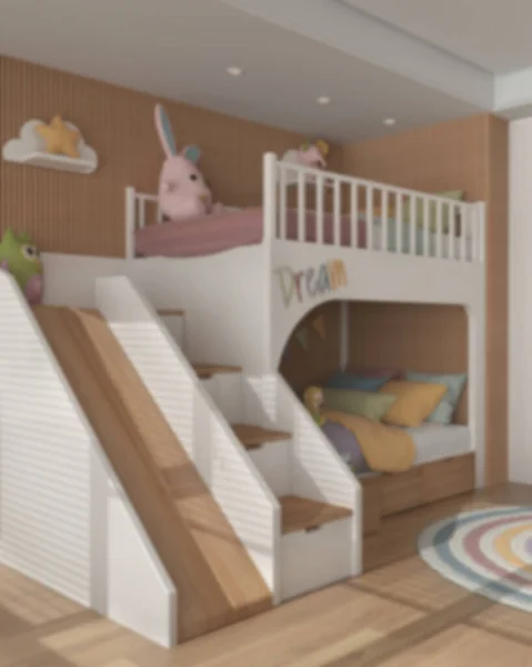 Blur Background Modern Wooden Children Bedroom Bunk Bed Ladder Slide — Stockfoto