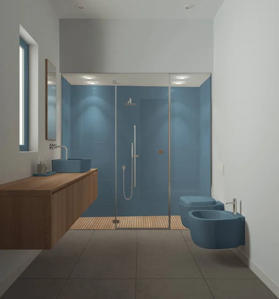 Minimalist Bathroom Blue Wooden Tones Concrete Tiles Floor Large Shower — 스톡 사진