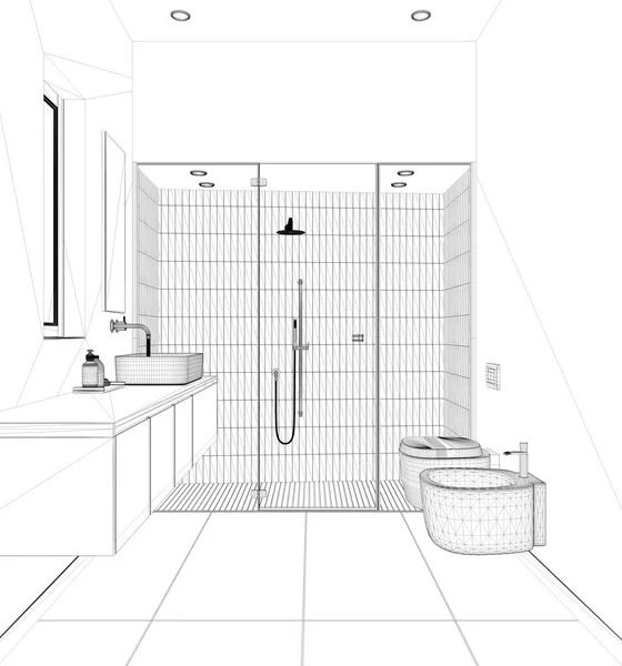 Taslak taslak taslak, minimalist banyo, beton döşemeler, fayanslar ve spot ışıklarıyla büyük bir duş, aynalı lavabo, seramik tuvalet ve bide. Modern iç tasarım