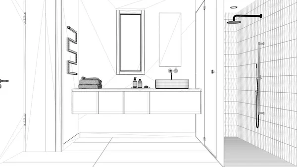 Blueprint Project Draft Minimalist Bathroom Concrete Tiles Floor Large Shower — Foto Stock